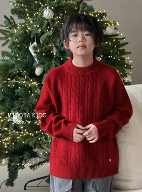 米多MIDOKA波拉童装2025冬圆领红色麻花羊绒衫男女中大童百搭毛衣