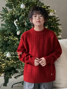 米多MIDOKA波拉童装2025冬圆领红色麻花羊绒衫男女中大童百搭毛衣