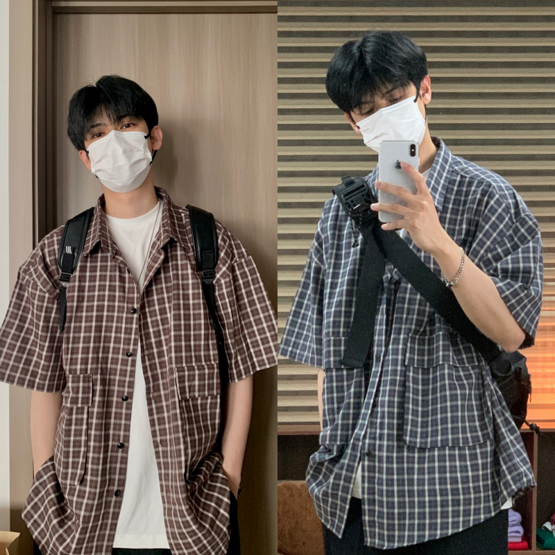 OKHAO 夏季复古格子短袖衬衫宽松休闲衬衣