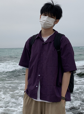 OKHAO 日系中性紫色宽松百搭短袖衬衫韩版ins风短袖衬衫