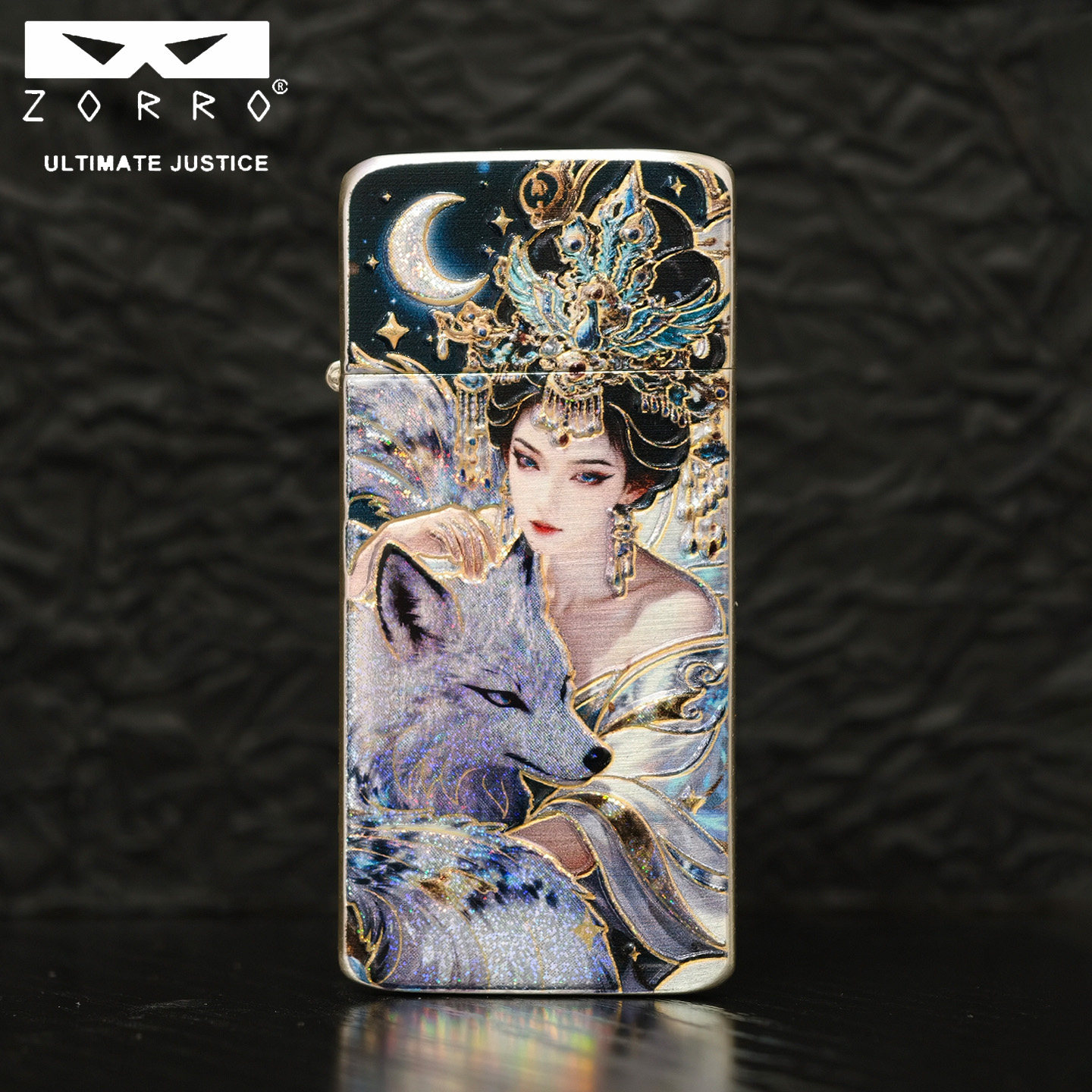 zorro佐罗新品zc5九天狐女镭射炫彩纯铜煤油打火机立体浮雕彩绘