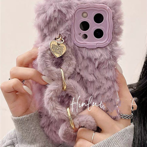 抖音同款适用iPhone13promax毛绒手机壳手链条14plus苹果12pro女1+11/9R秋冬9rt一加ace2V手机壳8pro软15
