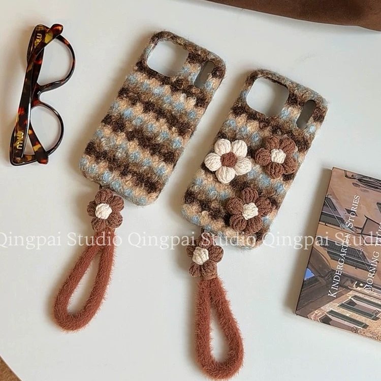 抖音同款oppoA3pro/A5/A2m毛绒k12s/A58x蓝棕条纹手机壳OPPOFindx9/7/8/6软OPPO Reno14/13/12/11/10花朵A6