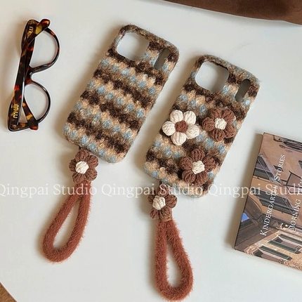 抖音同款oppoA3pro/A5/A2m毛绒k12s/A58x蓝棕条纹手机壳OPPOFindx9/7/8/6软OPPO Reno14/13/12/11/10花朵A6