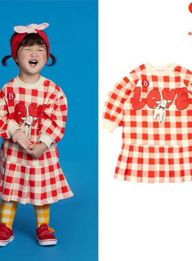 (现货)BEBEDEPINO/贝贝品诺22秋季女童红色格纹百褶长袖连衣裙