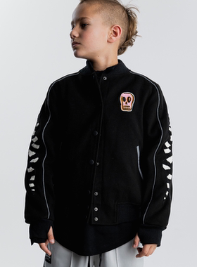 （现货)NUNUNU23秋冬款正品男女儿童黑色骷髅棒球夹克外套