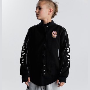 （现货)NUNUNU23秋冬款正品男女儿童黑色骷髅棒球夹克外套