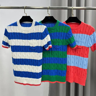 春夏宽条纹纯棉纱线松软圆领短袖针织衫 半袖麻花薄款毛衣