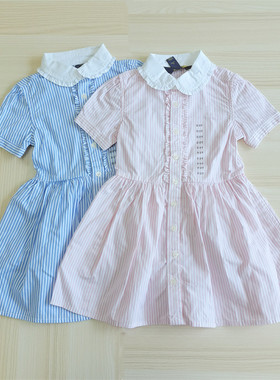 元货~夏季儿童短袖条纹衬衫裙 女童娃娃领纯棉翻领连衣裙90-155