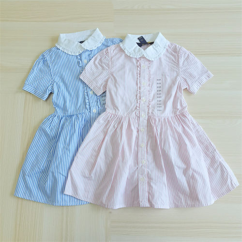 元货~夏季府绸棉儿童短袖条纹衬衫裙 女童娃娃领纯棉翻领连衣裙
