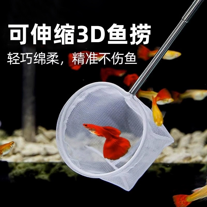 鱼捞网兜不锈钢可伸缩加长捞鱼网3d立体渔捞抄网兜观赏鱼小鱼小型