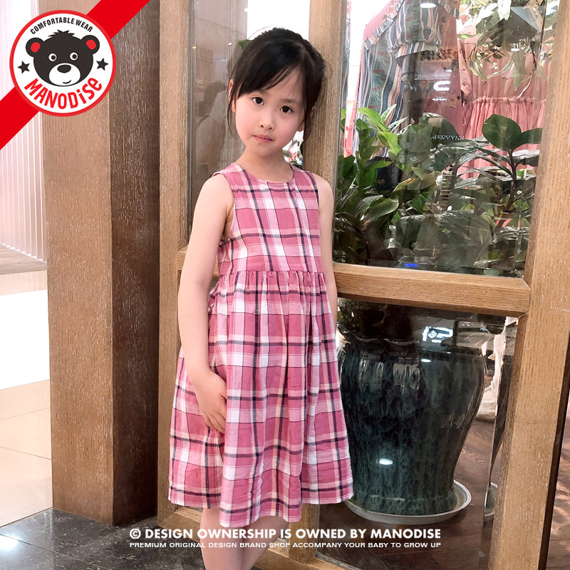儿童纯棉格子夏款女宝粉格子淑女肩带连衣裙森女系裙