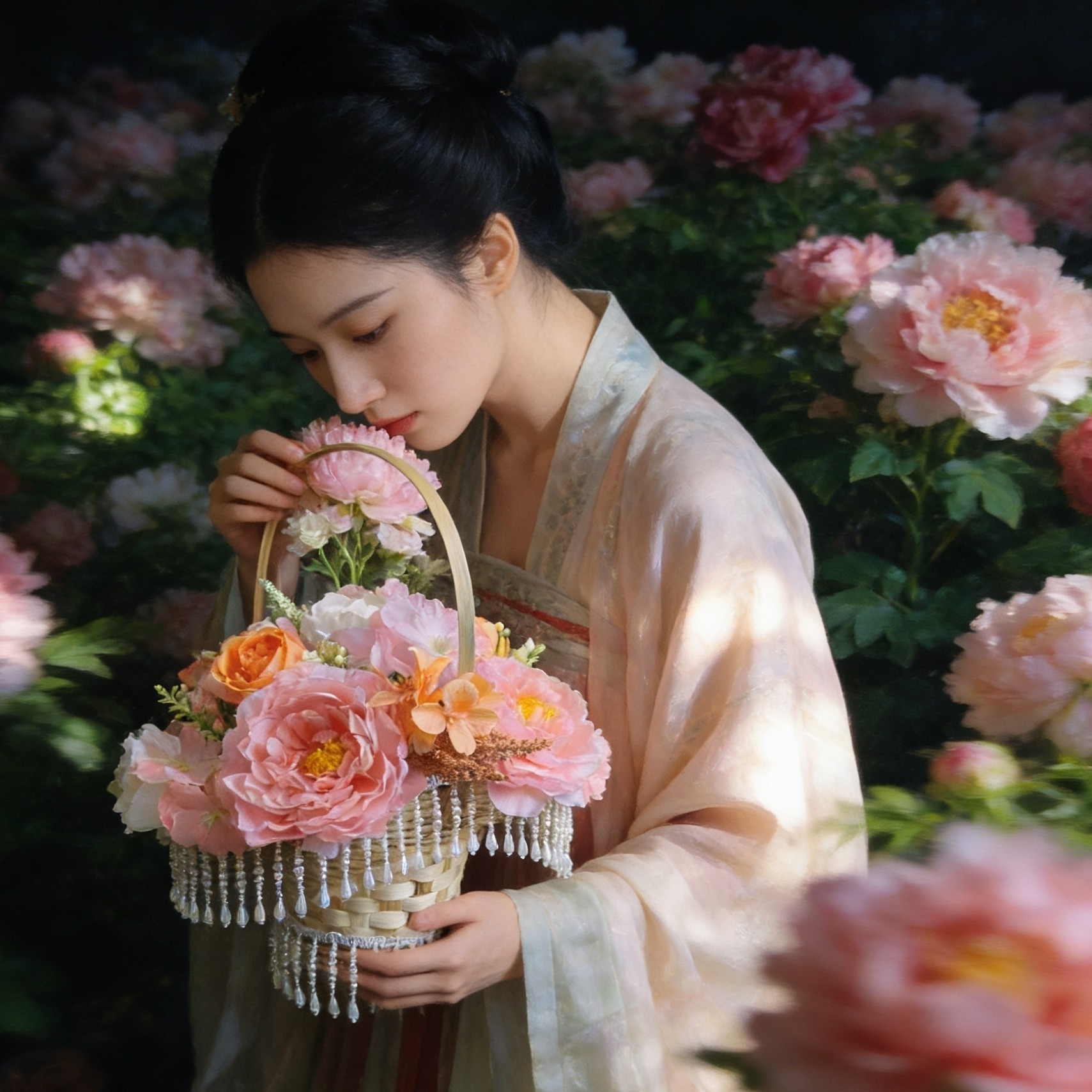 国风牡丹花篮汉服摄影道具花篮古风舞蹈拍摄魏晋风田园竹编小篮图片
