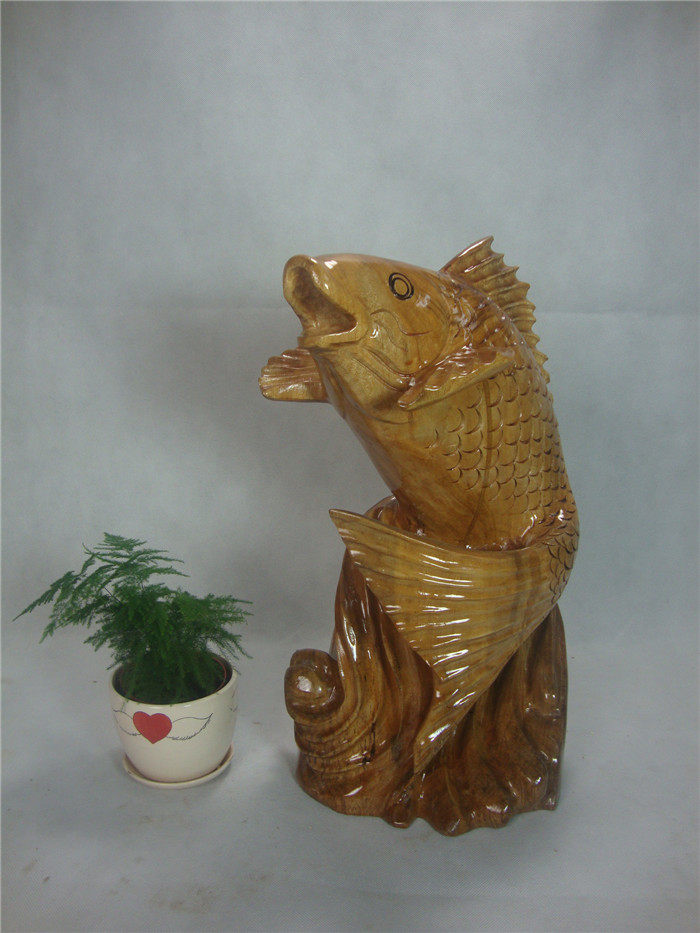 香樟木 木雕根雕摆件 家居饰品荷花鲤鱼摆件如鱼得水 鲤鱼跃龙门