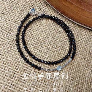 原创天然3mm黑曜石925碎银子海蓝宝双圈极细单戴叠戴精致手链手串