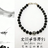 天然黑曜石通体925碎银圆十字架转运珠原创手串男女同款 纯银手链