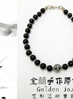天然黑曜石通体925碎银圆十字架转运珠原创手串男女同款纯银手链