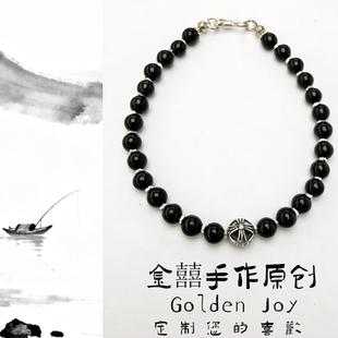 天然黑曜石通体925碎银圆十字架转运珠原创手串男女同款纯银手链