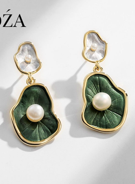 DZA绿色荷叶珍珠耳环女 韩国925银针不规则耳饰2022年新款潮春夏