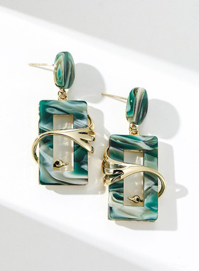 925银针复古绿色几何耳环女 2025年新款气质长款耳饰镂空夸张耳钉