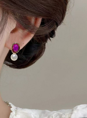 日韩紫色天然珍珠耳钉高级感几何耳坠复古耳环2025新款爆款耳饰女