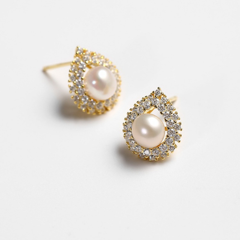 925银淡水珍珠耳钉简约几何设计