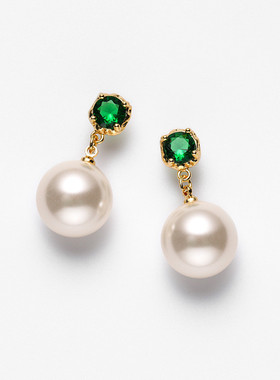 925银针耳环女法式镶嵌绿色人造锆石施家珍珠2024年新款小众耳钉