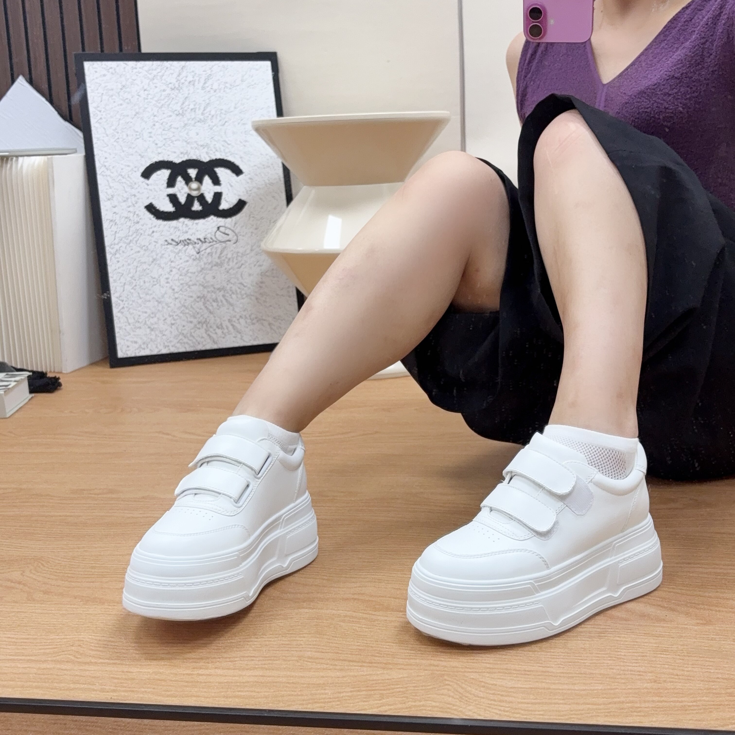 真皮厚底增高小白鞋女2026春深口单鞋