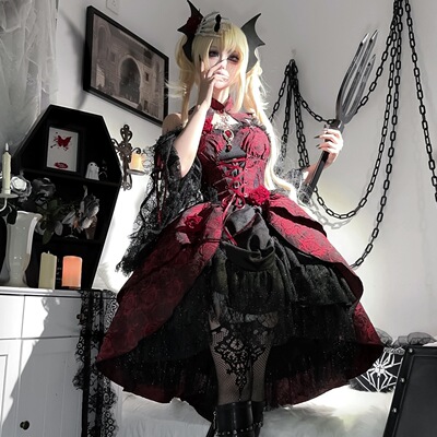 熊逗酱原创玫瑰皿洛丽塔JSK吊带裙黑红哥特甜美连衣裙茶会Lolita