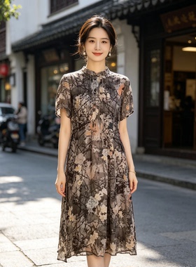 仙仙双层桑蚕丝连衣裙花色立领订珠长J108