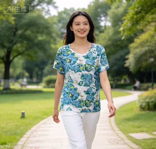 桑蚕丝羽毛印花显瘦妈妈T恤