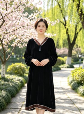 桑蚕丝丝绒V领流苏大码妈妈连衣