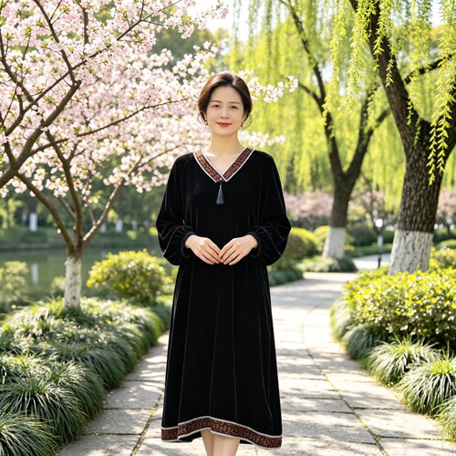 桑蚕丝丝绒V领流苏大码妈妈连衣