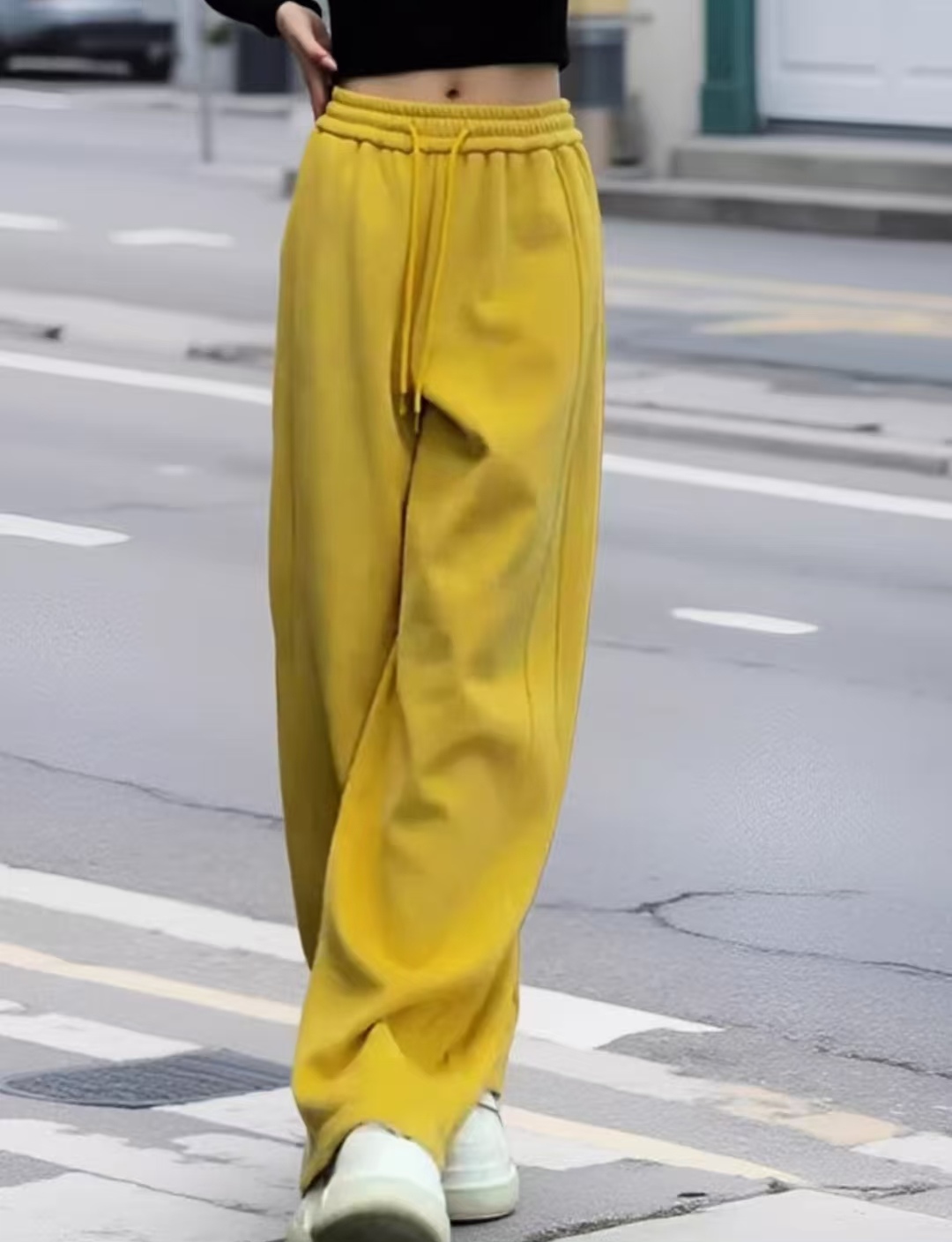 柠檬黄运动风休闲裤女2025年春季