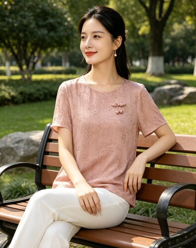 新中式真丝提花盘扣短袖宽松衬衫