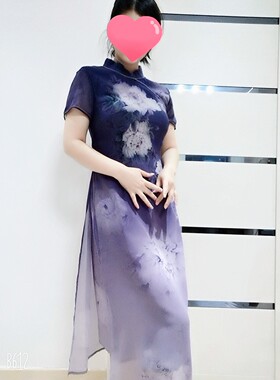 仙仙双层桑蚕丝中式优雅连衣裙花色立领订珠真丝长裙J139轻微次