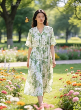 杭州真丝连衣裙女夏季新款 桑蚕丝印花V领显瘦中长款碎花裙妈妈装