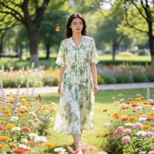 杭州真丝连衣裙女夏季新款 桑蚕丝印花V领显瘦中长款碎花裙妈妈装