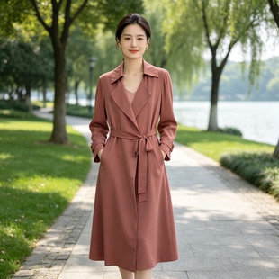 豆沙粉重磅桑蚕丝长款风衣女 垂感系带收腰翻领外套 春秋过膝大衣