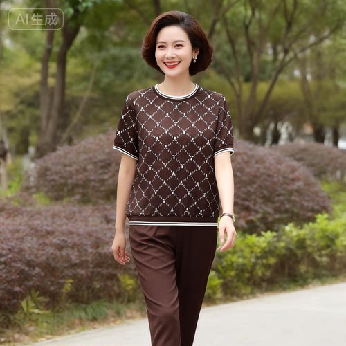重磅桑蚕丝格纹短袖通勤女T恤