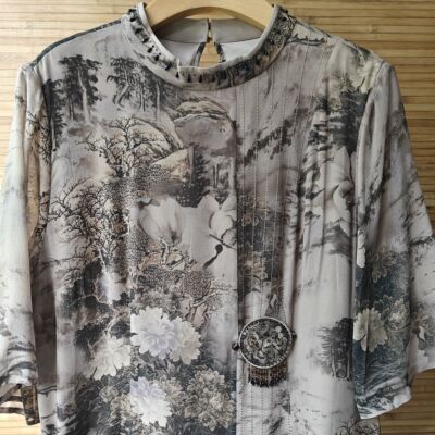 新中式桑蚕丝印花订珠显瘦连衣裙