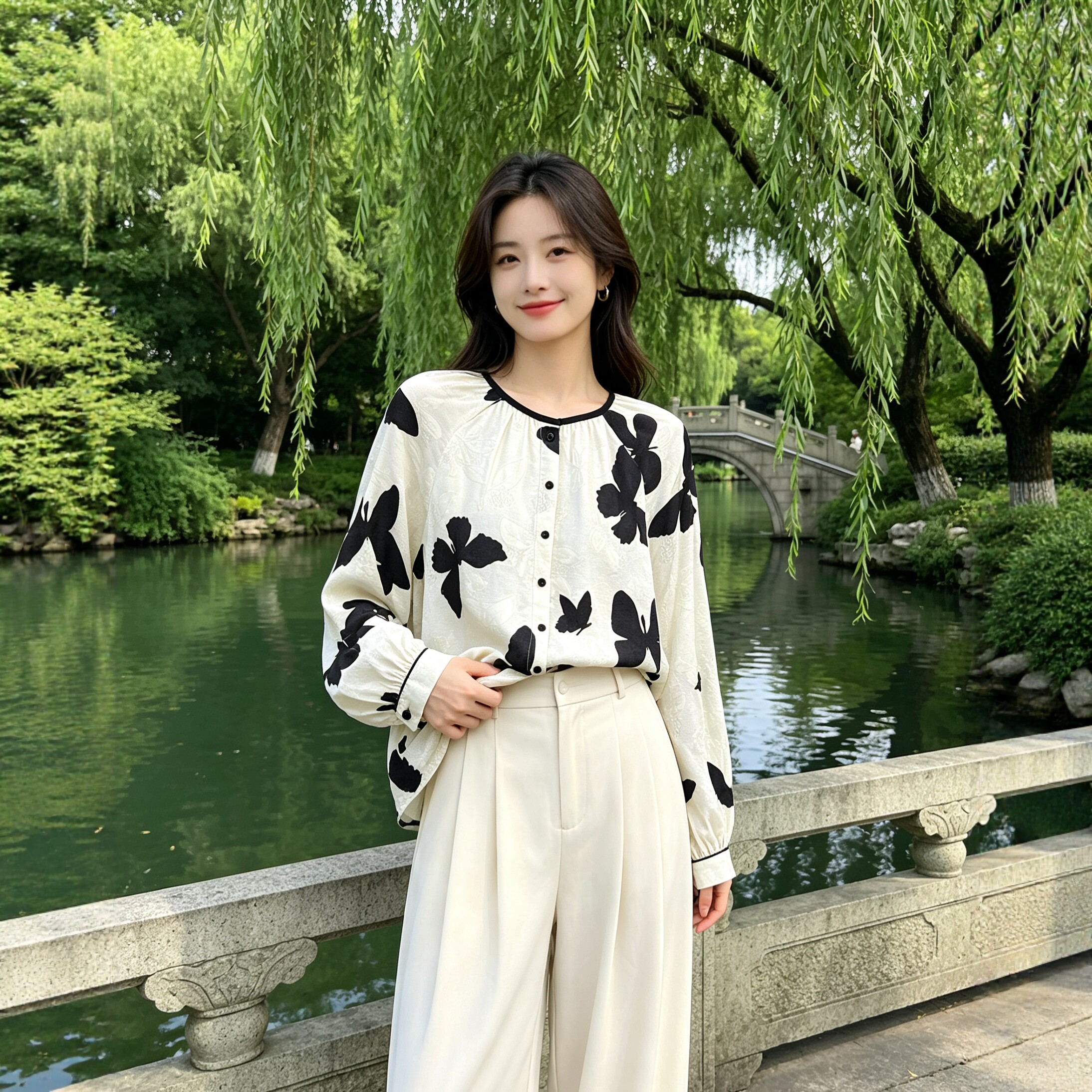 米白底蝴蝶印花桑蚕丝衬衫女 黑边圆领插肩袖 提花花罗长袖衬衣