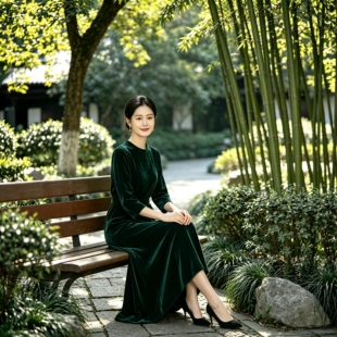 真丝绒墨绿色连衣裙 中年妈妈装圆领七分袖系带高级感桑蚕丝长裙