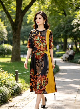 巨亏重磅真丝连衣裙高端钉珠中年气质桑蚕丝印花宽松妈妈裙J124