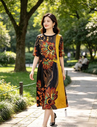 巨亏重磅真丝连衣裙高端钉珠中年气质桑蚕丝印花宽松妈妈裙J124