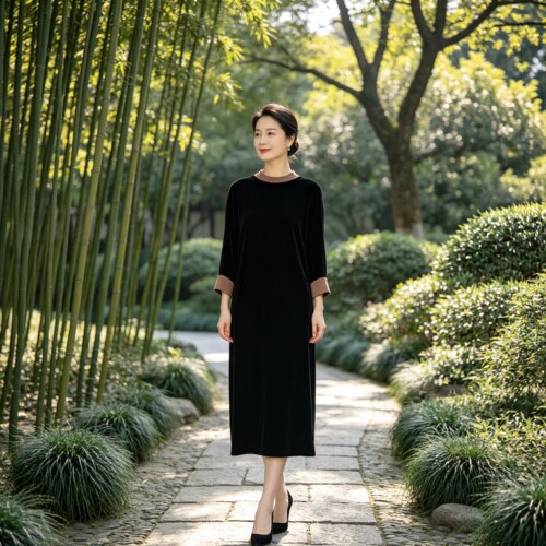 桑蚕丝丝绒撞色直筒妈妈连衣裙