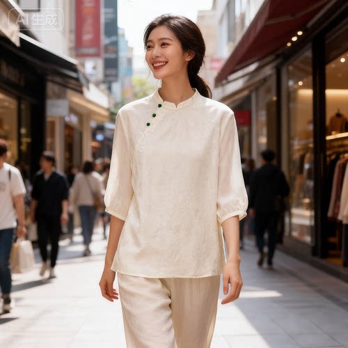 新中式桑蚕丝花螺衬衫女夏显瘦