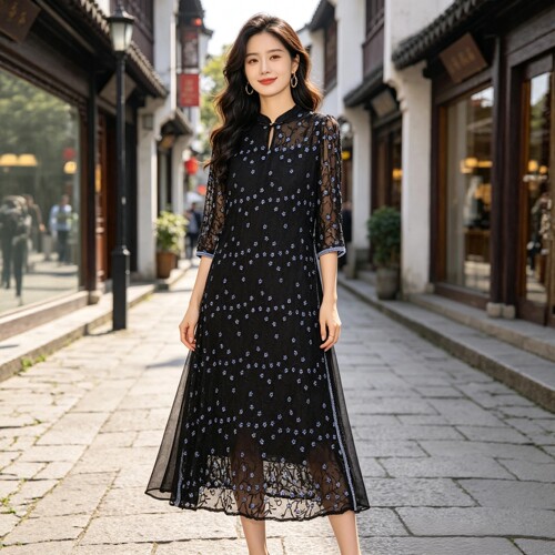 春夏仙仙法式桑蚕丝绣花连衣裙