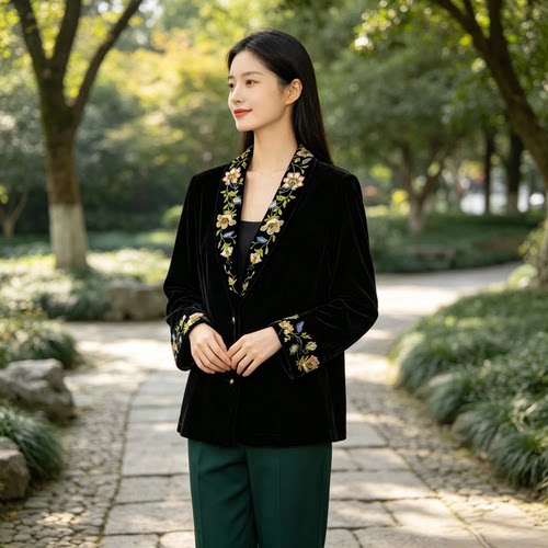 桑蚕丝绒刺绣女西装外套