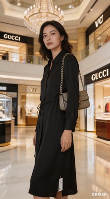 春夏重磅桑蚕丝翻领长袖连衣裙